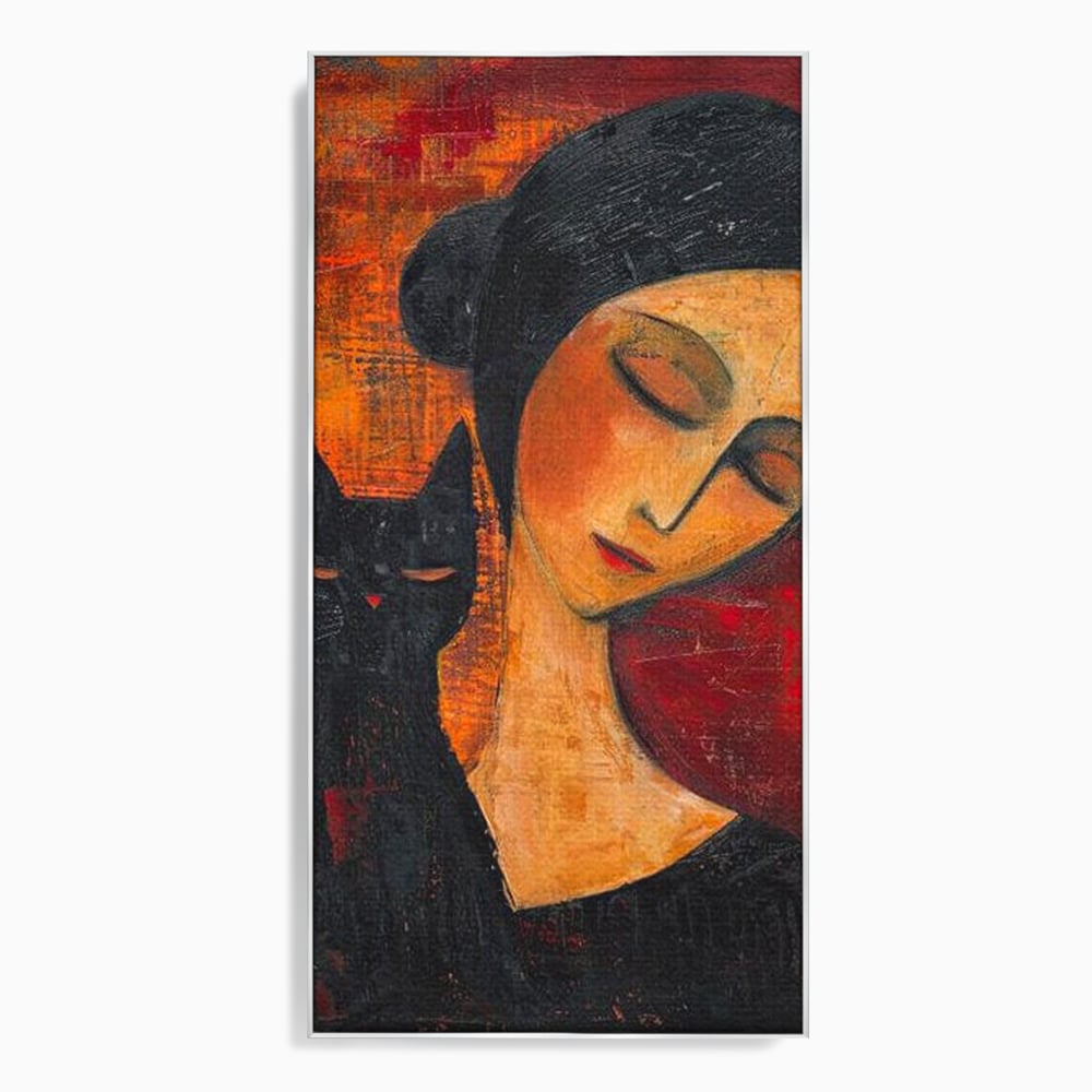 Tablou canvas cu pictura cu femeie si pisica neagra, in rama de aluminiu argintiu